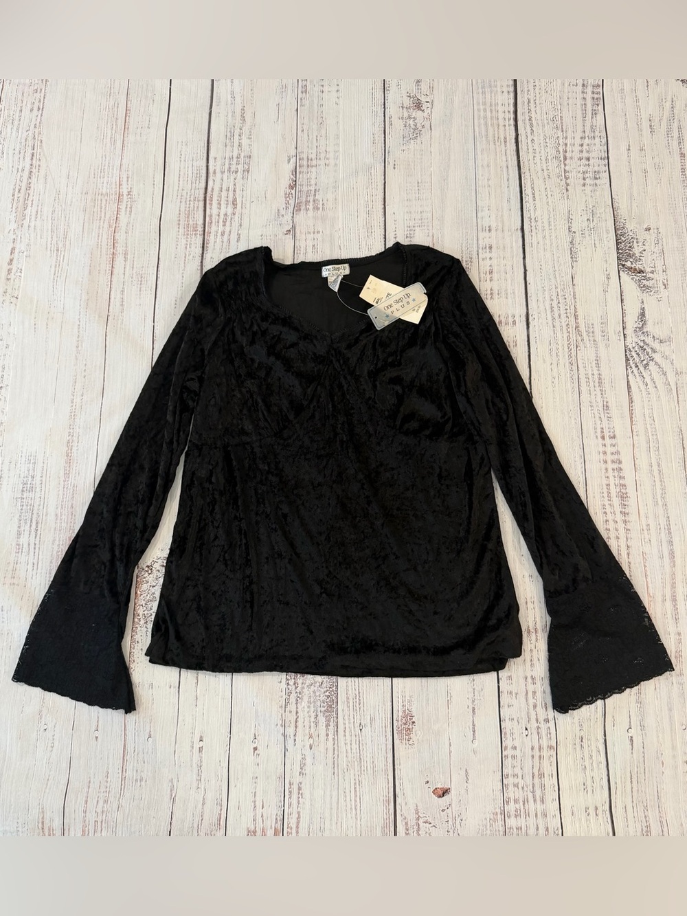 Deadstock Vtg 90s Y2K Whimsigoth Black Velvet Lace Bell Sleeve Top Witchy 1X